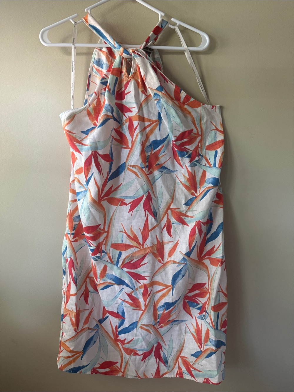 Tommy Bahama Twist front Tropical linen Dress in White, Orange & Blue